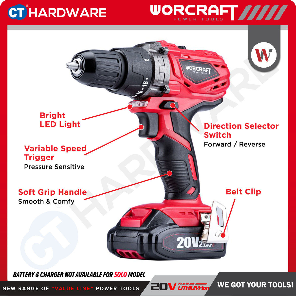 Worcraft CD-S20LiE 20V Cordless Drill Combo c/w 1x 2.0Ah Battery & Charger