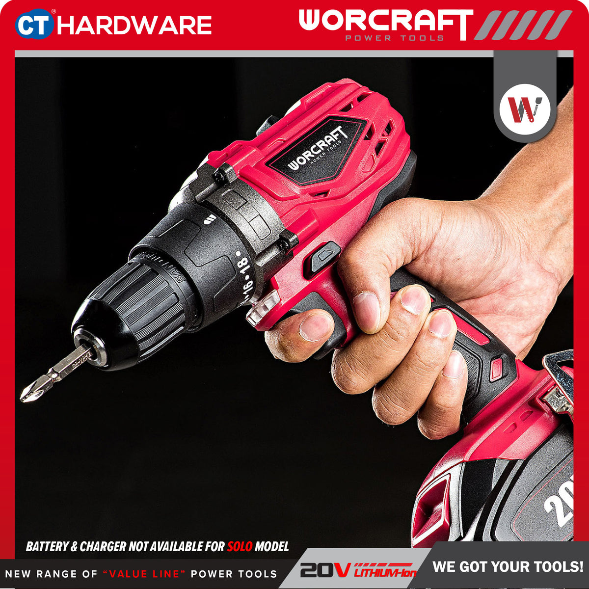 Worcraft CD-S20LiE 20V Cordless Drill Combo c/w 1x 2.0Ah Battery & Charger