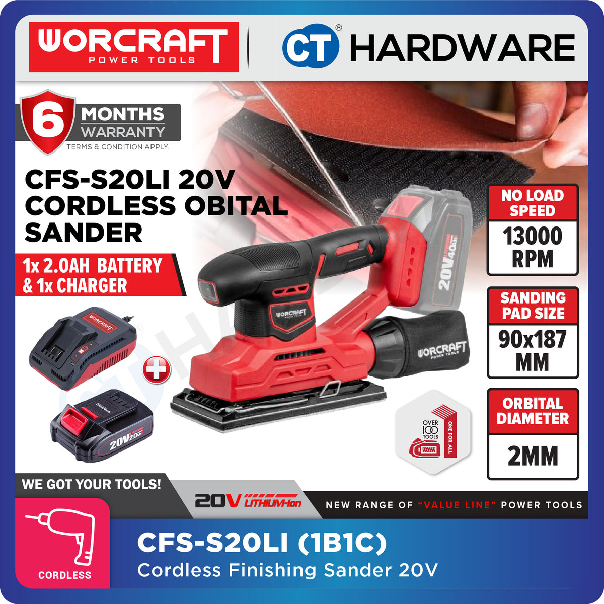 Worcraft CFS-S20Li 20V Cordless Finishing Sander 90 x 187mm Combo c/w 1x 2.0Ah Battery & Charger
