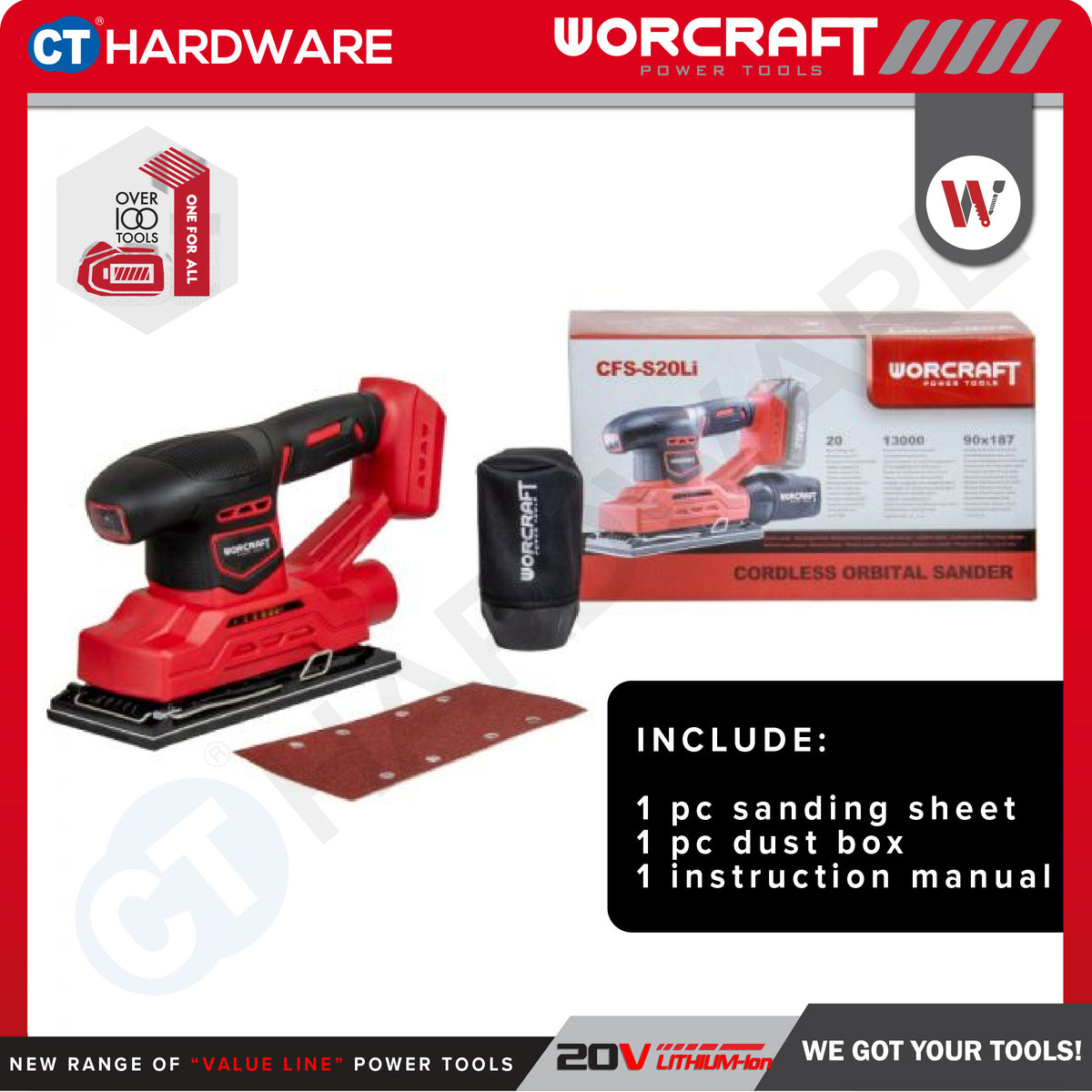 Worcraft CFS-S20Li 20V Cordless Finishing Sander 90 x 187mm Combo c/w 1x 2.0Ah Battery & Charger