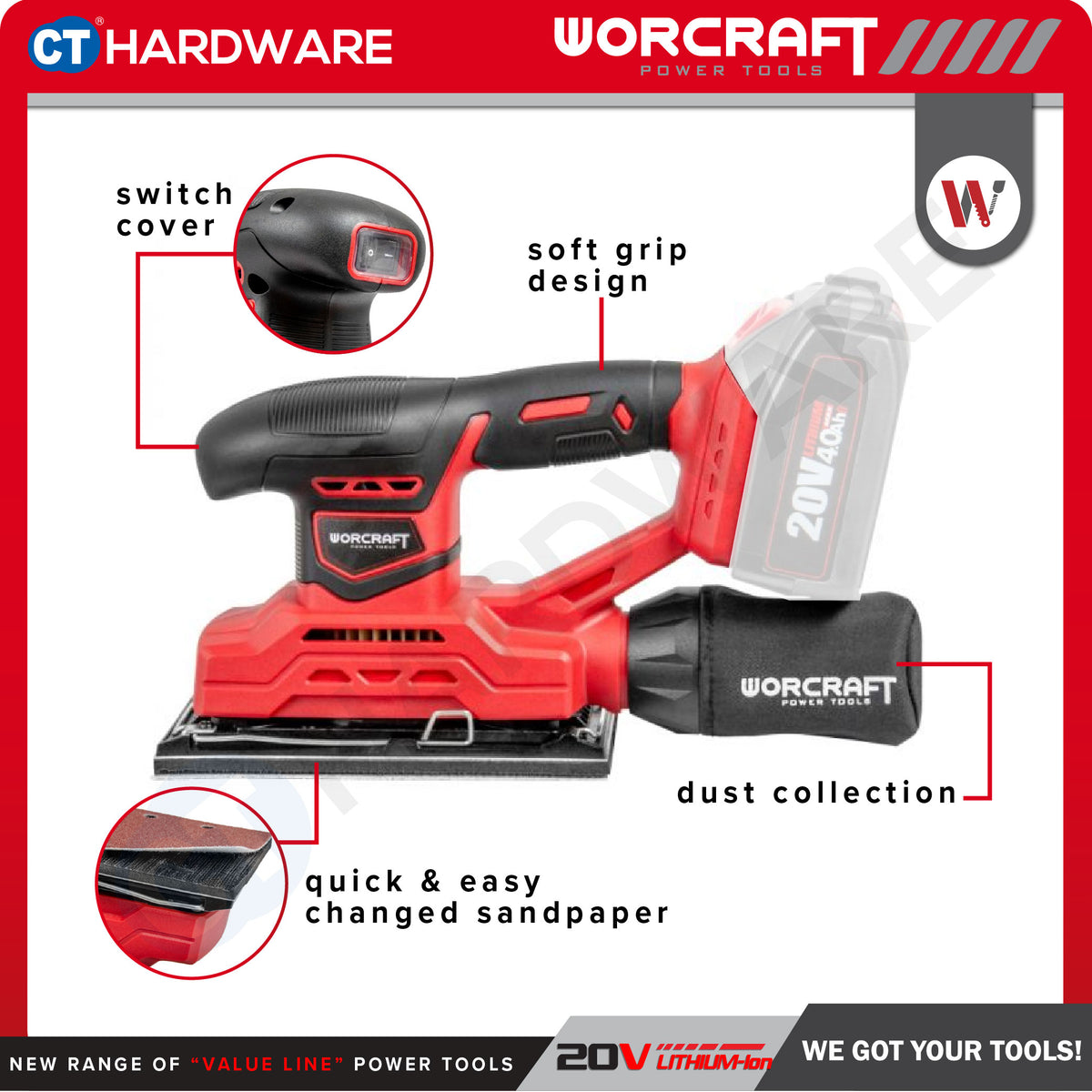 Worcraft CFS-S20Li 20V Cordless Finishing Sander 90 x 187mm Combo c/w 1x 2.0Ah Battery & Charger