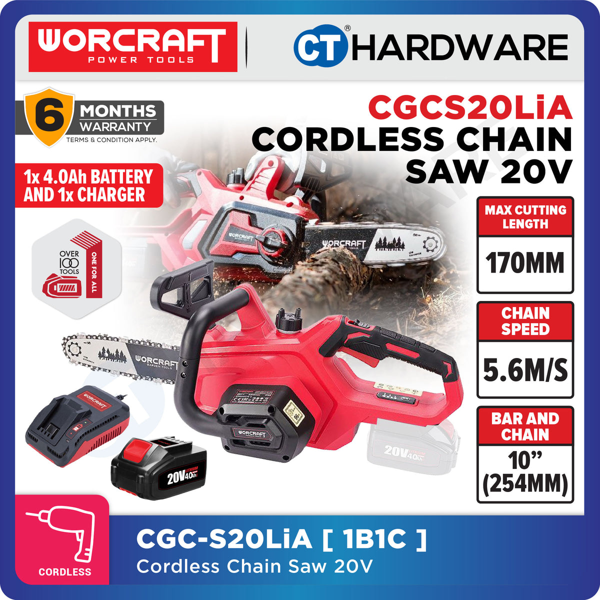 Worcraft CGC-S20LiA 20V Cordless Chain Saw 10" 5.6m/s
