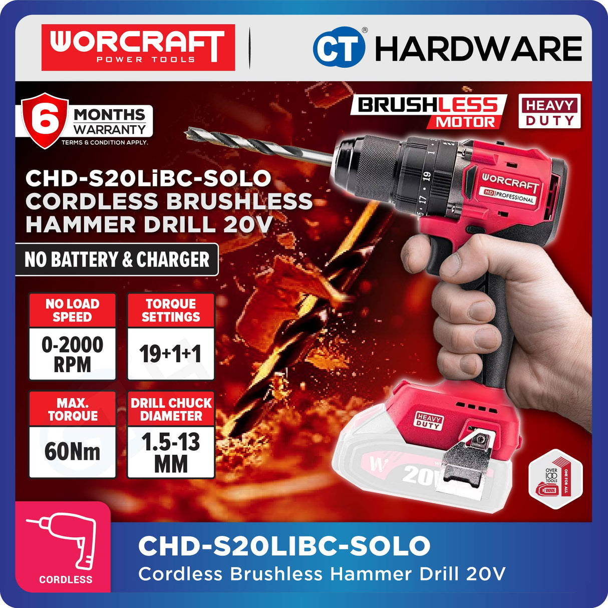 Worcraft CHD-S20LIBC Cordless Brushless Hammer Drill 20V