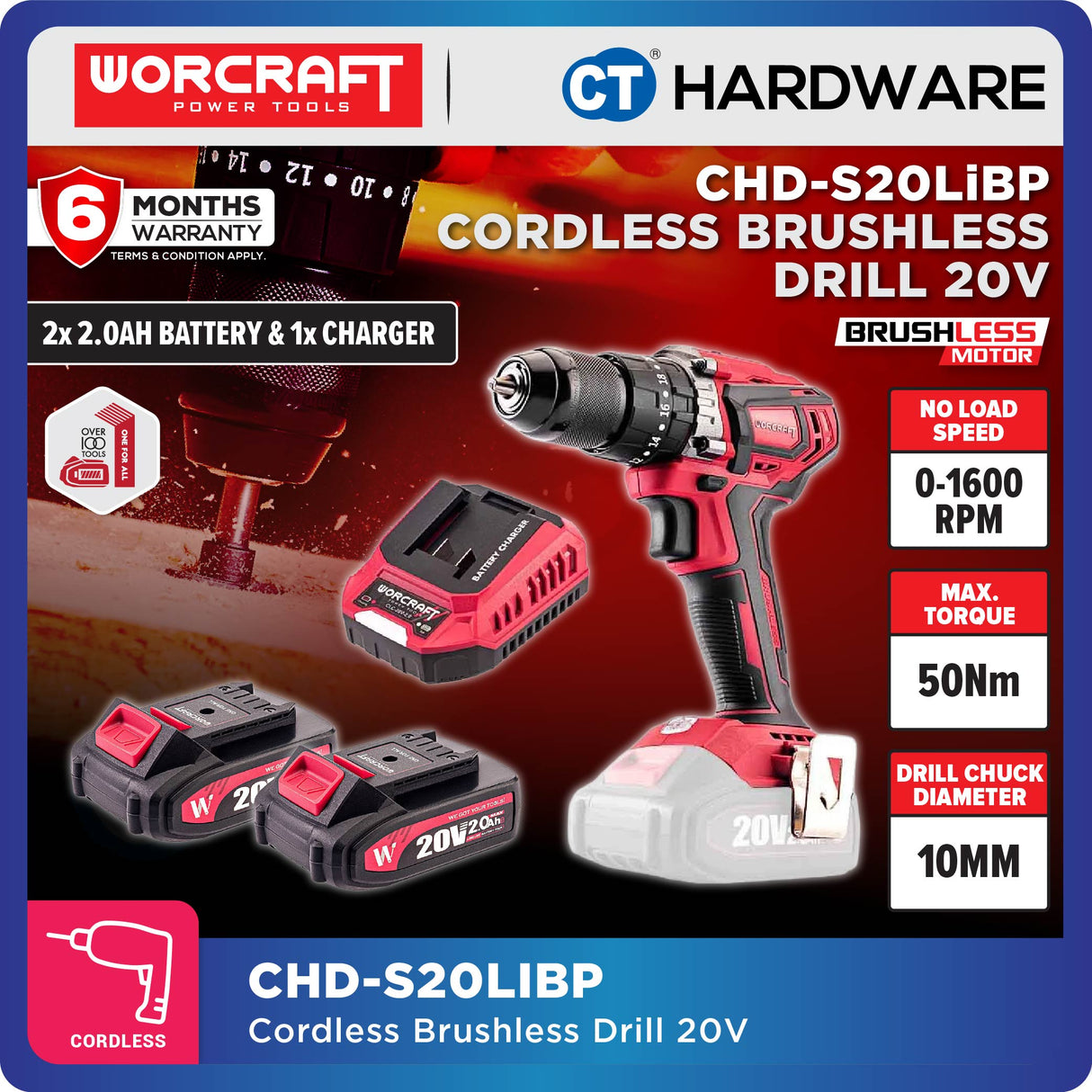 Worcraft CHD-S20LIBP Cordless Brushless Impact Drill Mesin Drill Tukul 20V come with 2x 2.0Ah Battery & 1x Charger