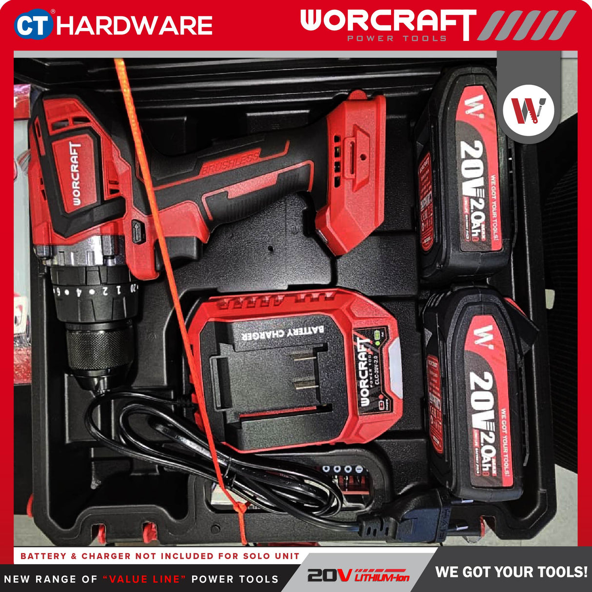 Worcraft CHD-S20LIBP Cordless Brushless Impact Drill Mesin Drill Tukul 20V come with 2x 2.0Ah Battery & 1x Charger