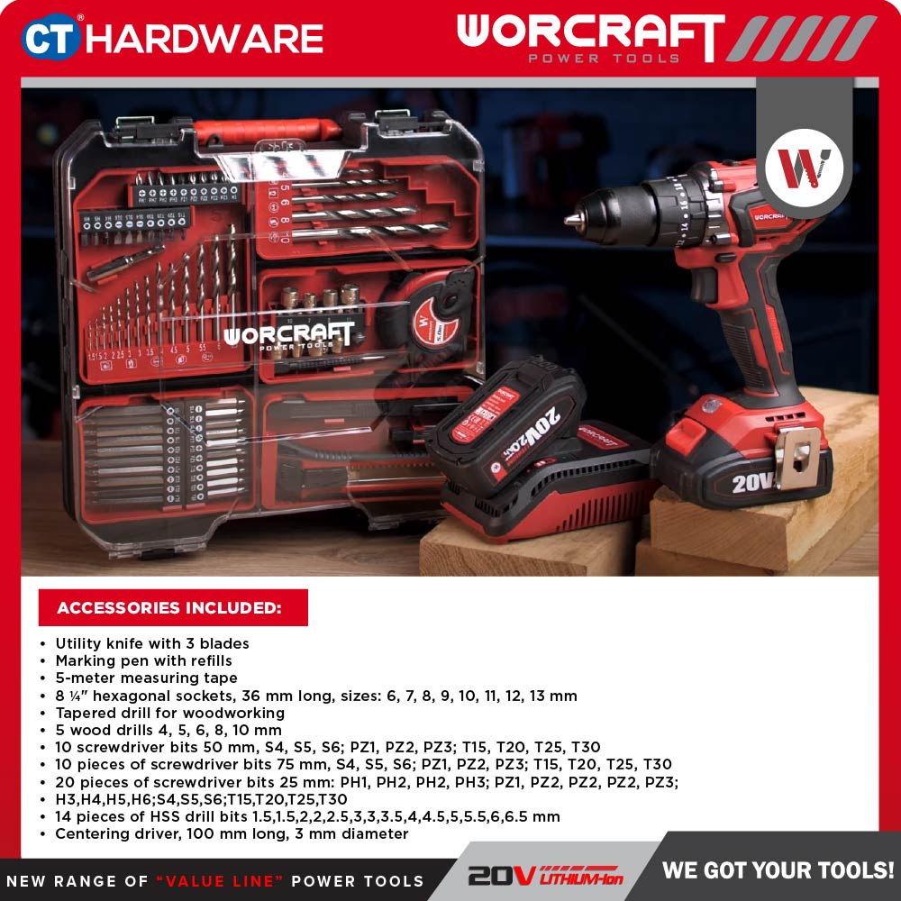 WORCRAFT CHD-S20LiBAS CORDLESS BRUSHLESS IMPACT DRILL 20V | 10MM | 50NM COME WITH 2x 2.0Ah BATTERY, 1PC CHARGER & 74 ACCESSORIES