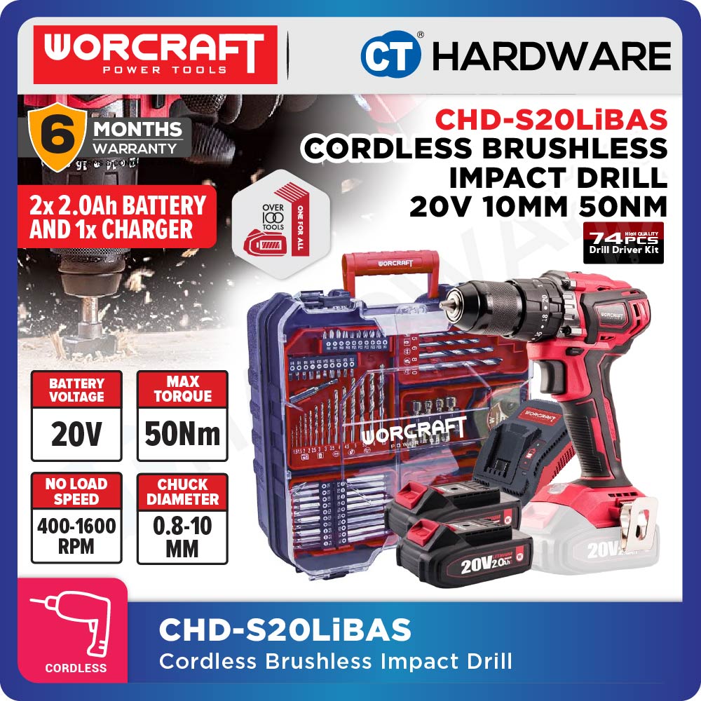 WORCRAFT CHD-S20LiBAS CORDLESS BRUSHLESS IMPACT DRILL 20V | 10MM | 50NM COME WITH 2x 2.0Ah BATTERY, 1PC CHARGER & 74 ACCESSORIES