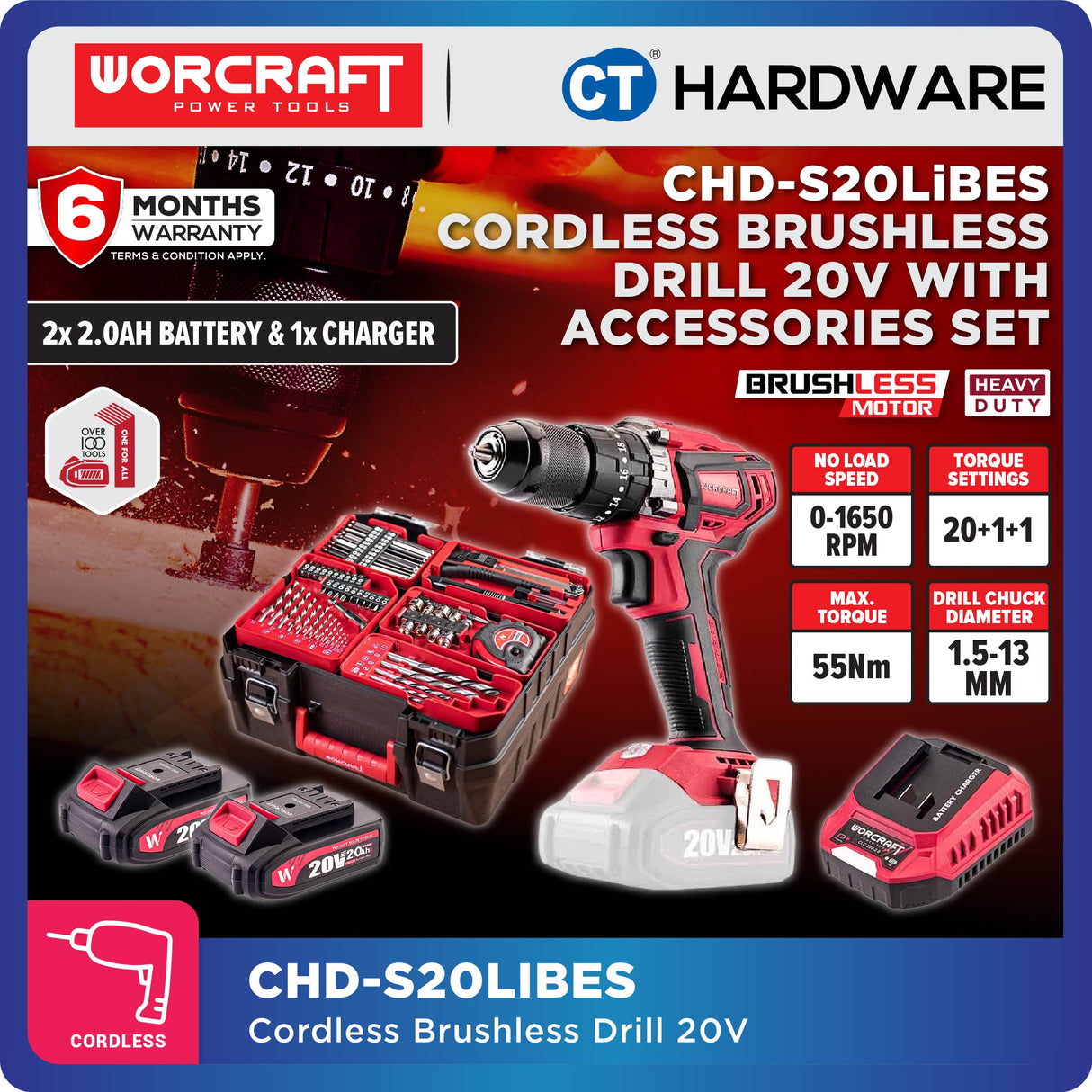Worcraft CHD-S20LIBA-SOLO | CHD-S20LIBP | CHD-S20LIBES Cordless Brushless Drill 20V