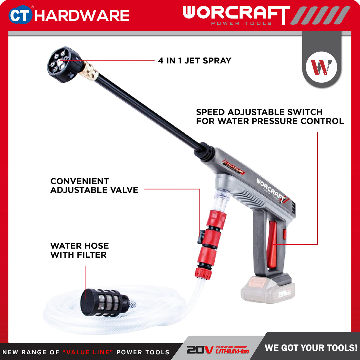 Worcraft CPCS20LIDM Cordless Pressure Cleaner 20V | 24 Bar | 5.4L/M Come With 1x 2.0Ah Battery 2.0V & 1x Charger