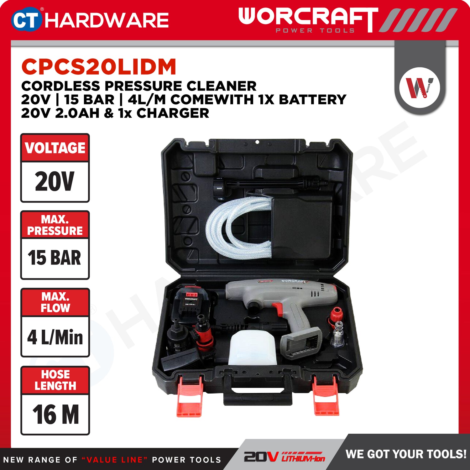 Worcraft CPCS20LIEM Cordless Pressure Cleaner 20V | 15 Bar | 4L/M Come With 1x 2.0Ah Battery 2.0V & 1x Charger