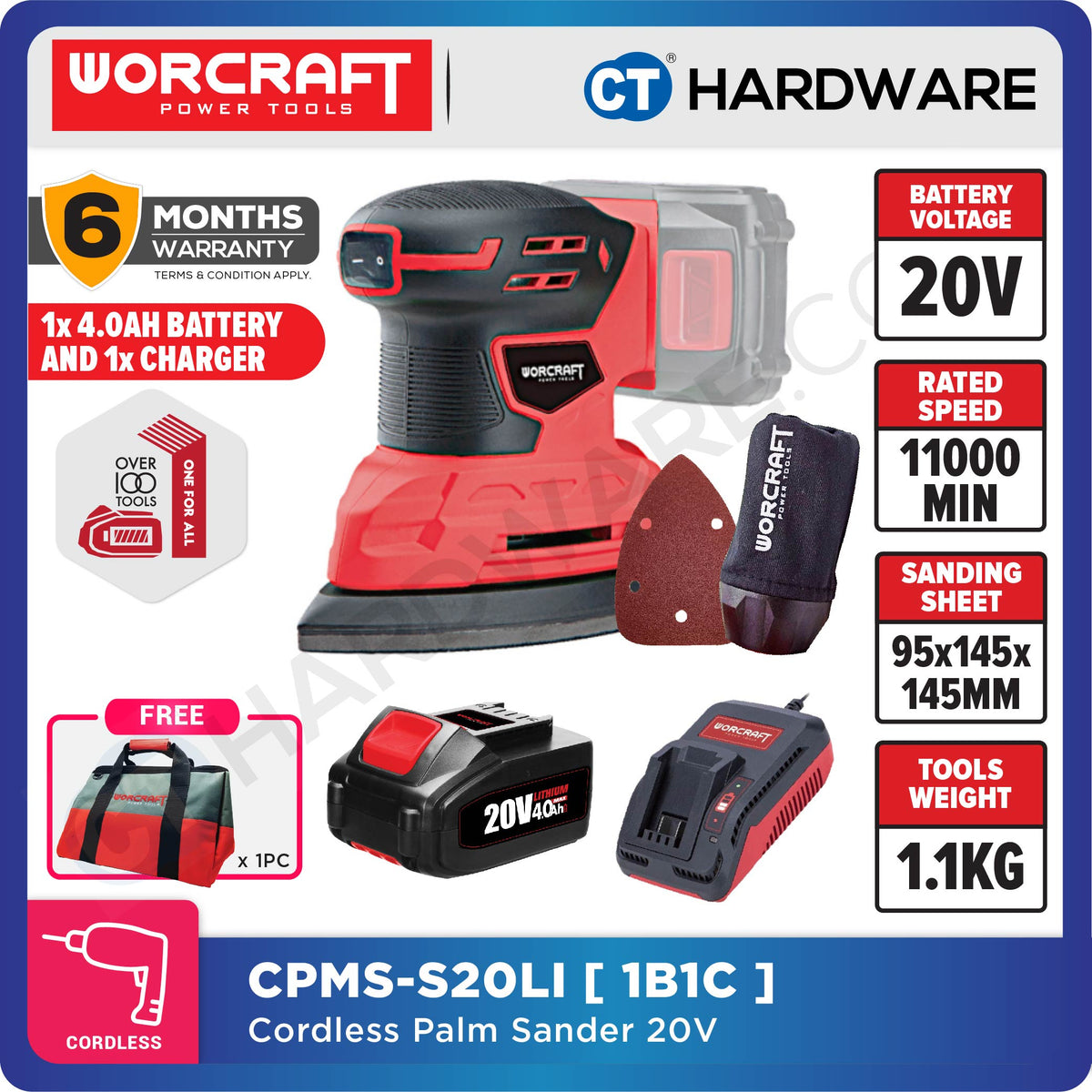 Worcraft CPMSS20Li 20V Cordless Palm Sander Combo c/w 1x 4.0Ah Battery & Charger