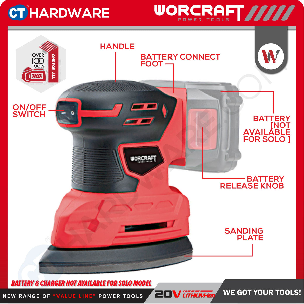 Worcraft CPMSS20Li 20V Cordless Palm Sander Combo c/w 1x 4.0Ah Battery & Charger