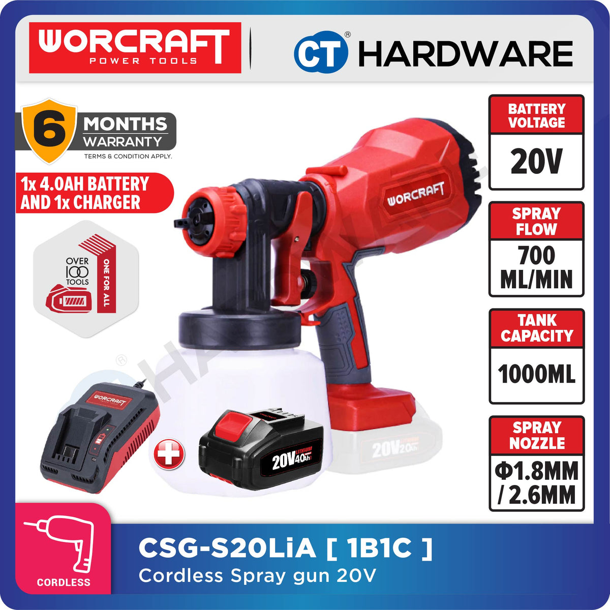 Worcraft CSG-S20LiA 20V Cordless Paint Spray Gun 800ml 350L/min 1.8mm