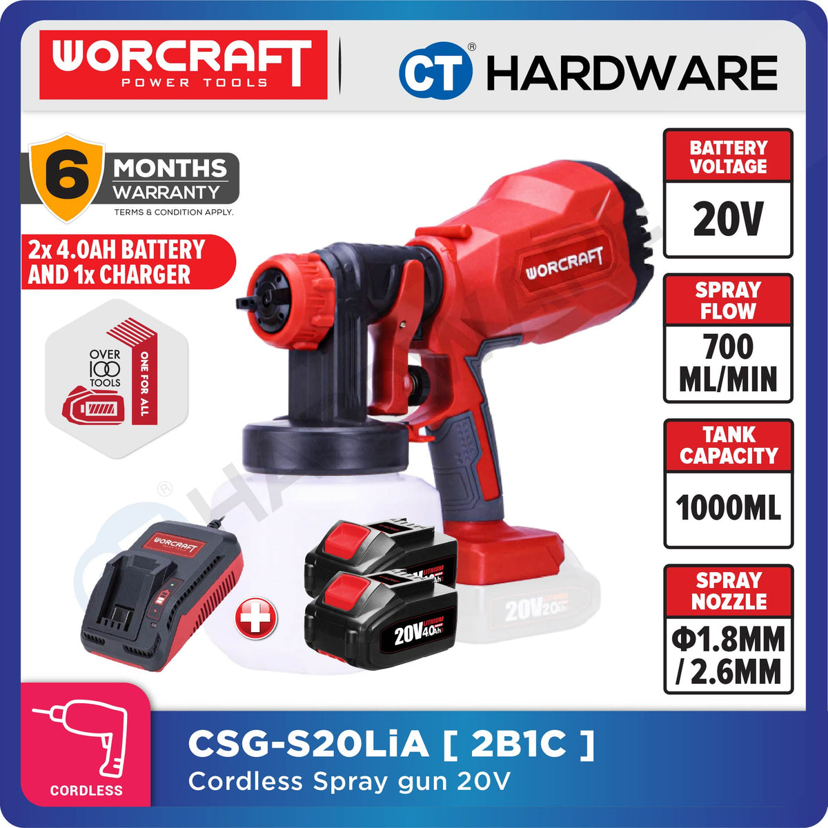 Worcraft CSG-S20LiA 20V Cordless Paint Spray Gun 800ml 350L/min 1.8mm