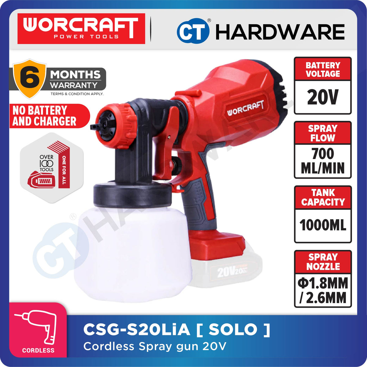 Worcraft CSG-S20LiA 20V Cordless Paint Spray Gun 800ml 350L/min 1.8mm