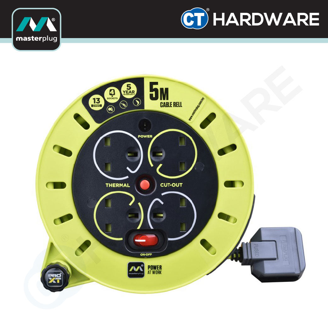 MASTERPLUG CSU050134SLPX SMALL CASSETTE REEL WITH 5M WIRE,4 SOCKET 13AMP