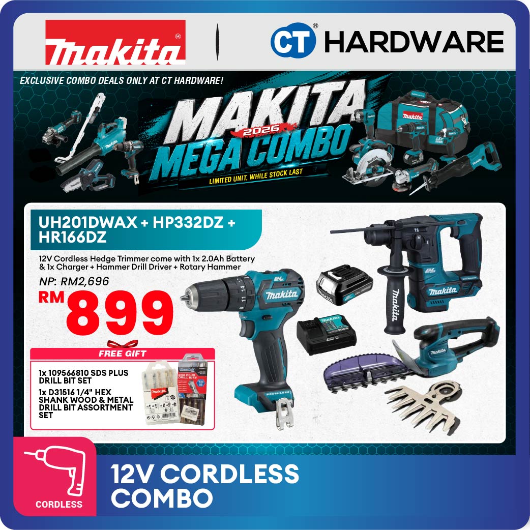 Makita UH201DWAX + HP332DZ + HR166DZ 3-Tool Combo Set CXT 12Vmax Cordless 200mm Hedge Trimmer, Brushless Hammer Driver Drill and Rotary Hammer