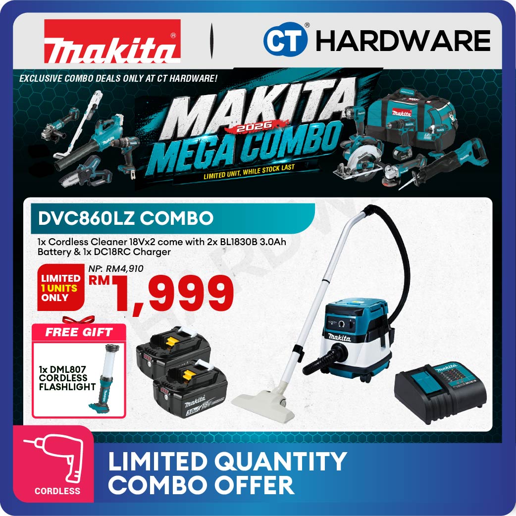 Makita DVC860LZ LXT 18Vx2 Cordless and Corded Wet and Dry Vacuum Cleaner 8L With 2×3.0Ah Batteries and Charger Kit