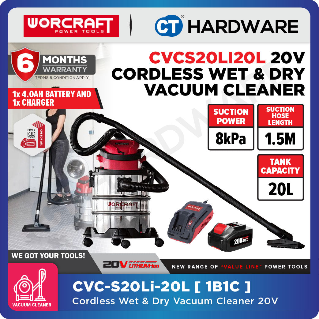 Worcraft CVCS-S20Li20 20V Cordless Wet & Dry Vacuum Cleaner 20L Combo c/w 1x 4.0Ah Battery & Charger