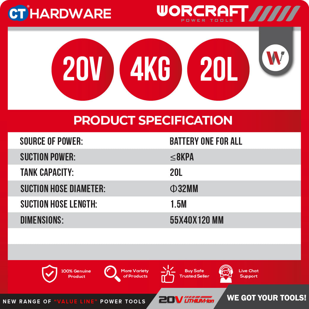 Worcraft CVCS-S20Li20 20V Cordless Wet & Dry Vacuum Cleaner 20L Combo c/w 1x 4.0Ah Battery & Charger