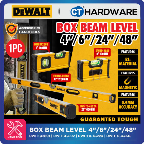 DEWALT DWHT42801 | DWHT42802 | DWHT0-43224 | DWHT0-43248 BOX BEAM LEVEL 4" | 6" | 24" | 48" - 1PC