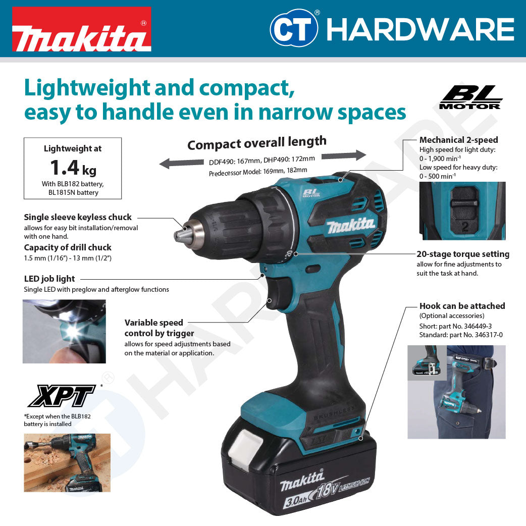 Makita DHP490Z/ WVE/ SFX1 LXT 18V Cordless Brushless Hammer Driver Drill 13mm 65NM (Body Only | 1-Battery | 2-Battery)