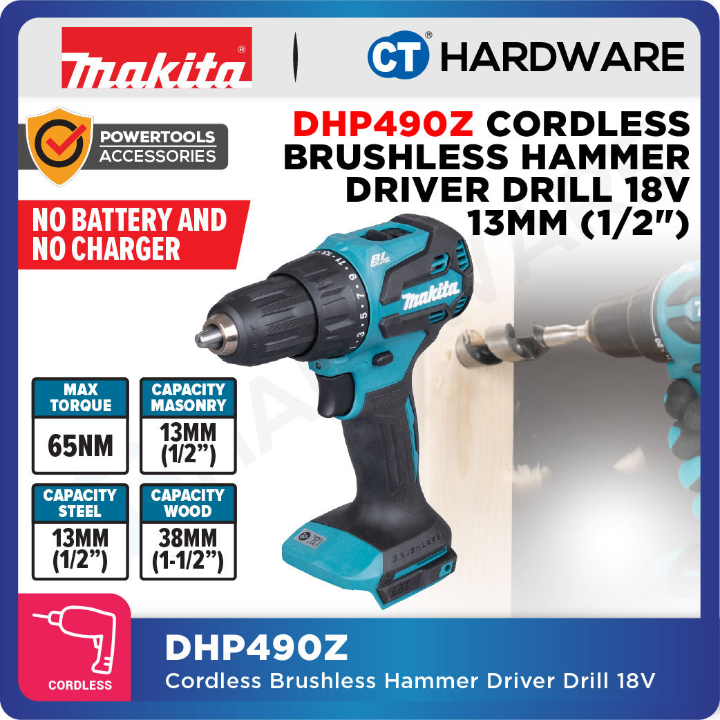 Makita DHP490Z/ WVE/ SFX1 LXT 18V Cordless Brushless Hammer Driver Drill 13mm 65NM (Body Only | 1-Battery | 2-Battery)