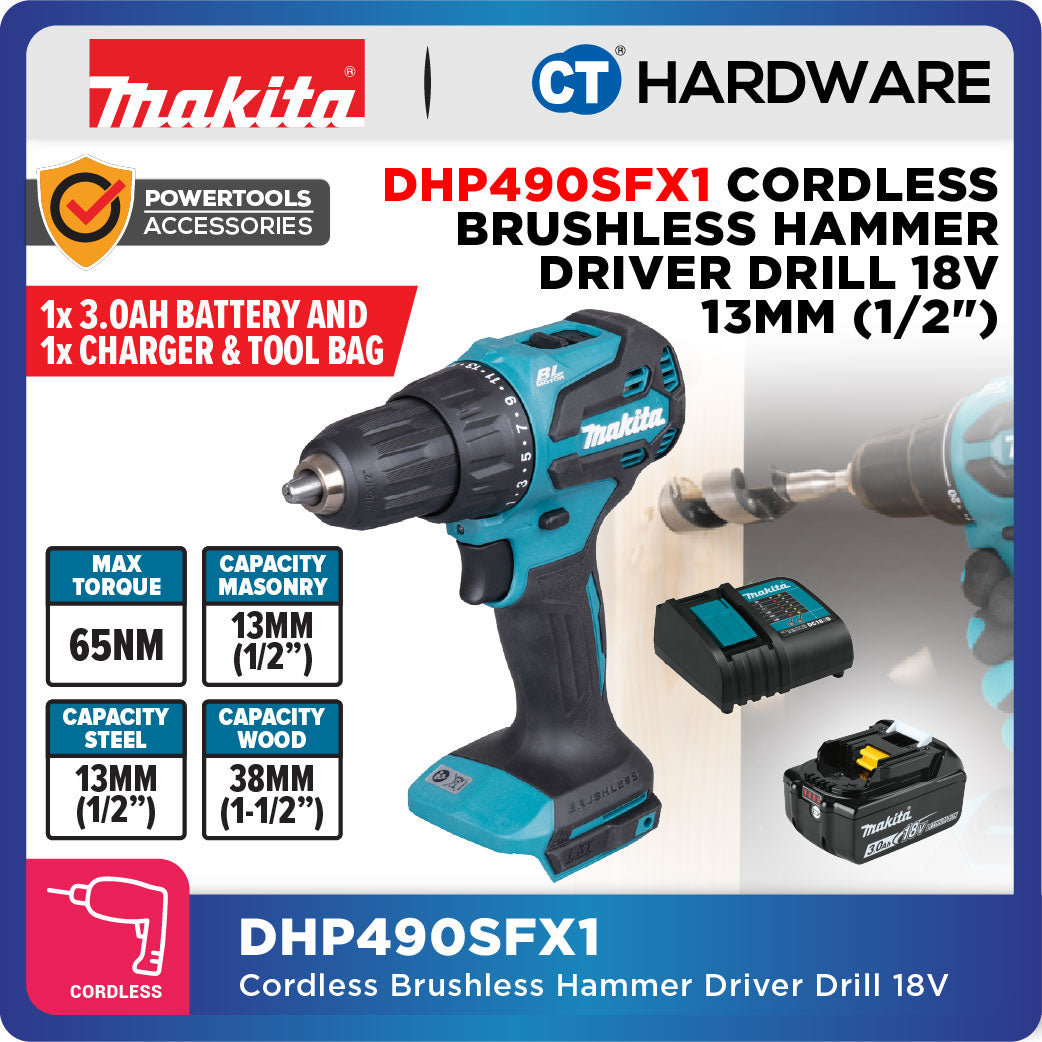 Makita DHP490Z/ WVE/ SFX1 LXT 18V Cordless Brushless Hammer Driver Drill 13mm 65NM (Body Only | 1-Battery | 2-Battery)