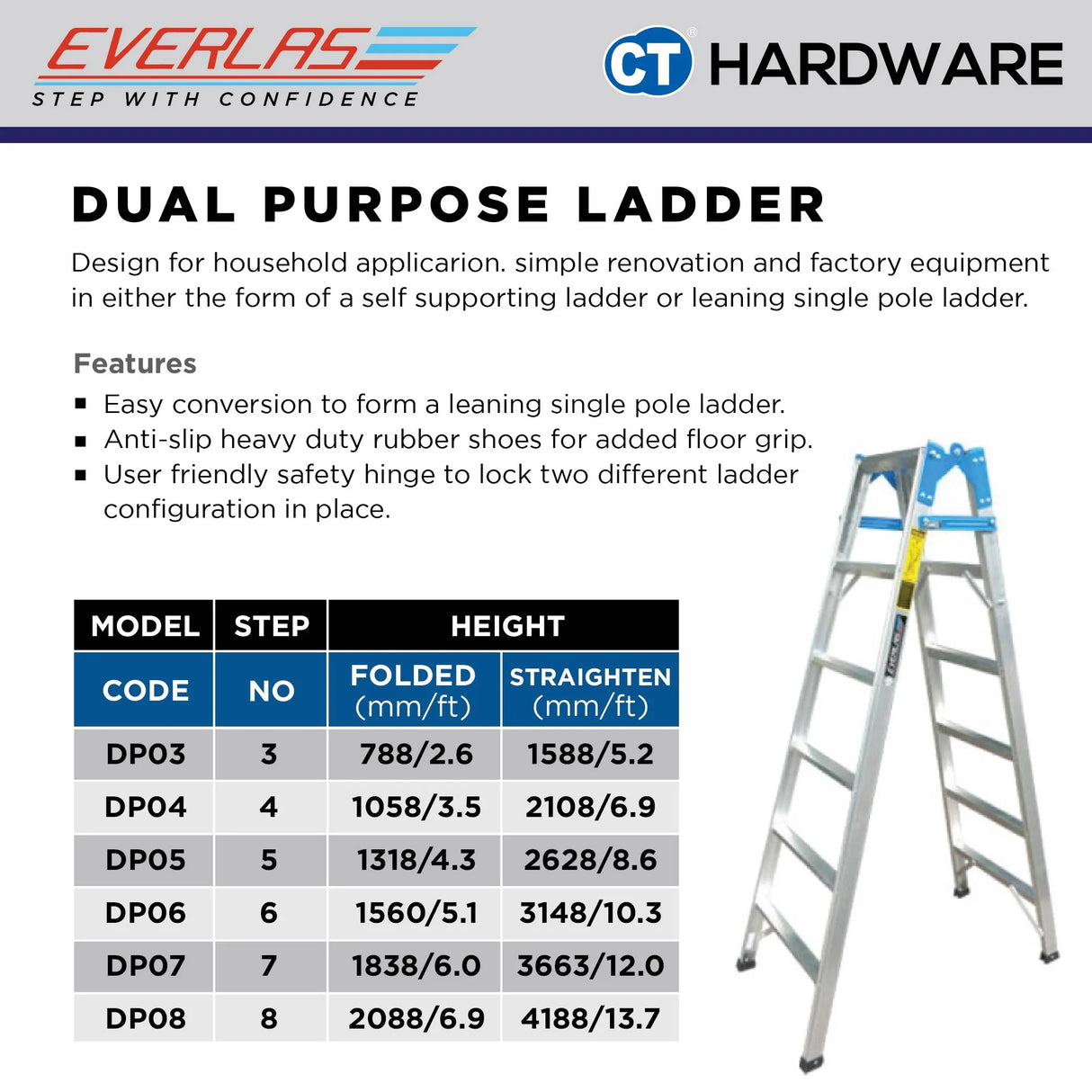 Everlas DP Series Dual-Purpose Ladder 6 Steps - 16 Steps | 95kg Max Load