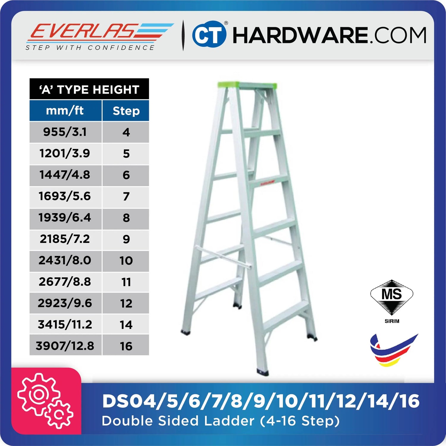 Everlas DS Series Double Sided Ladder 4 Steps - 12 Steps | 80kg Max Load