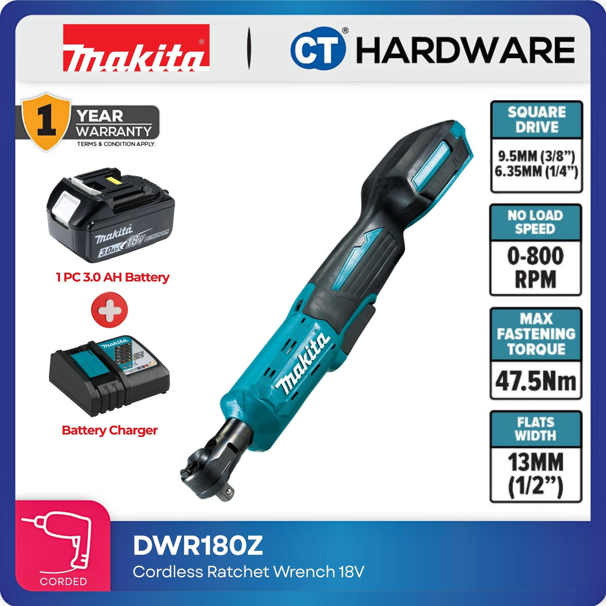 Makita DWR180Z Cordless Ratchet Wrench 18V 3/8" DR. c/w 3.0Ah Battery and Charger