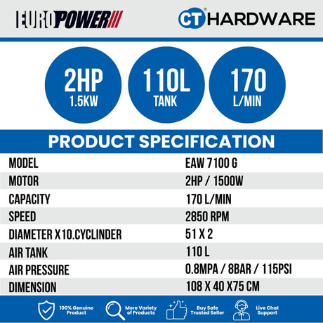 Eurox by Europower EAW7110G Air Compressor 2HP (G-Series)
