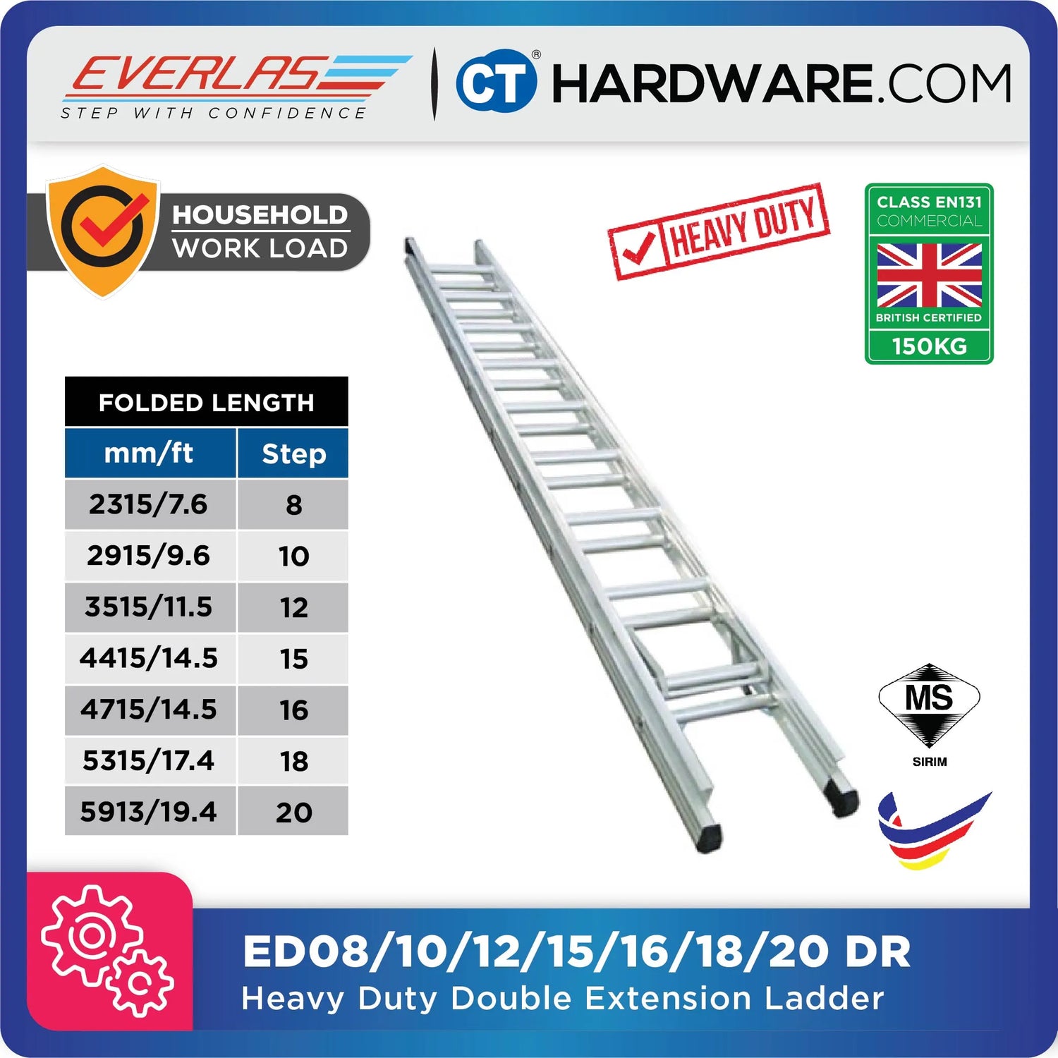 Everlas ED-DR Series Heavy Duty Double Extension Ladder 11 Rungs - 33 Rungs | 150kg Max Load | SIRIM