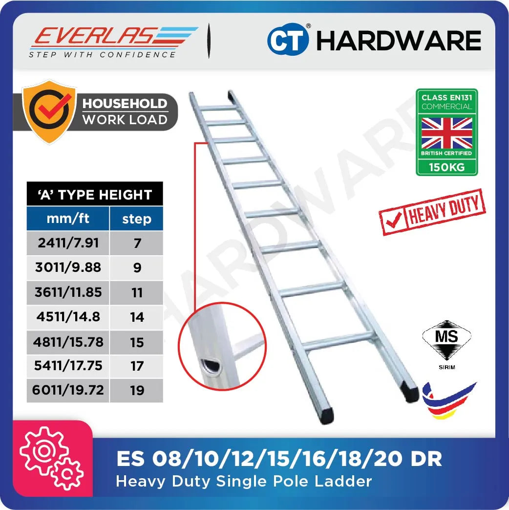 Everlas ES-DR Series Heavy Duty Single Pole Ladder 7 Rungs - 20 Rungs | 150kg Max Load | SIRIM