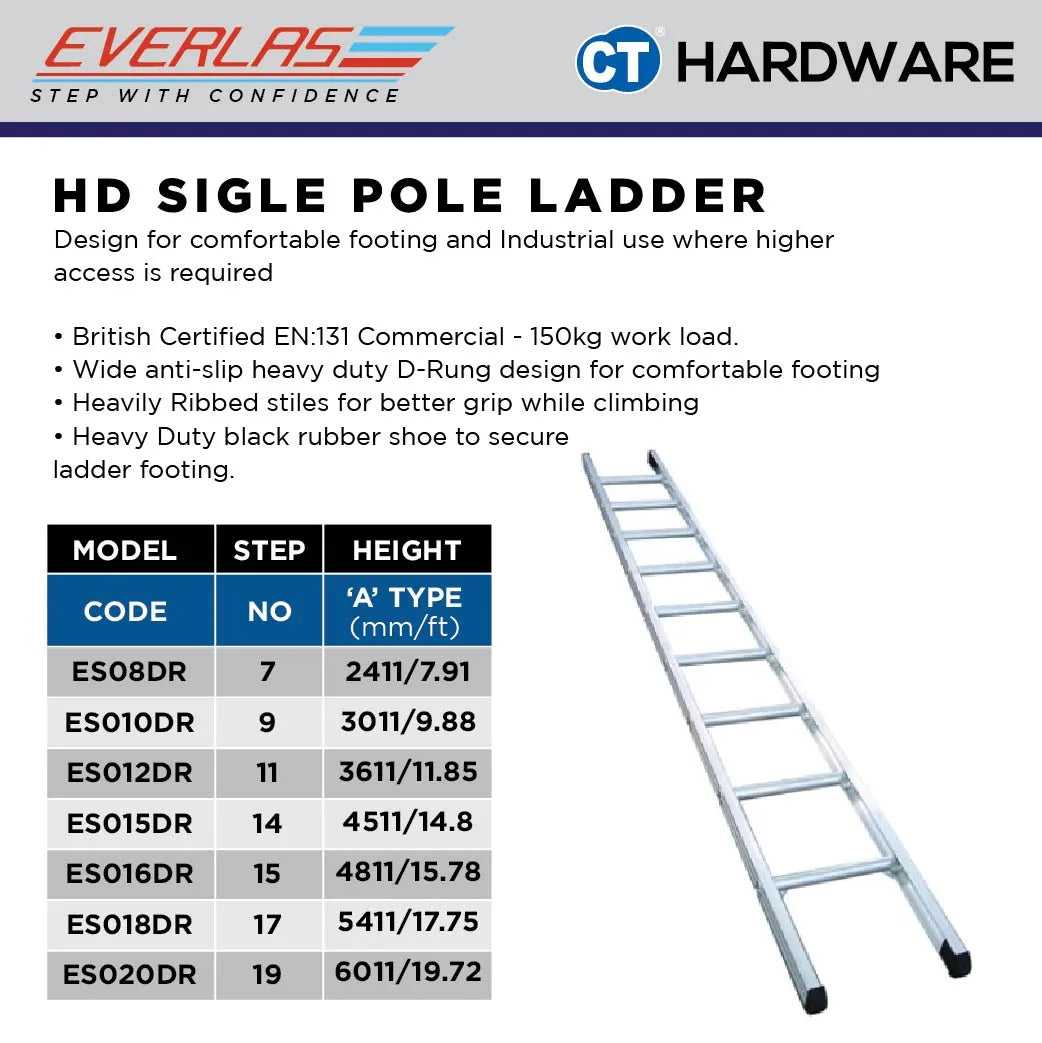Everlas ES-DR Series Heavy Duty Single Pole Ladder 7 Rungs - 20 Rungs | 150kg Max Load | SIRIM