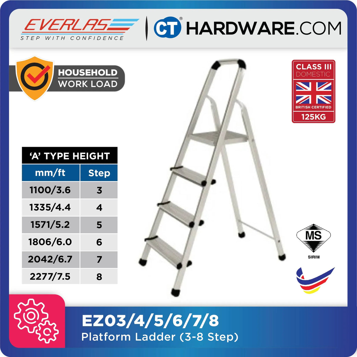 Everlas EZ Series Platform Ladder 3 Steps - 8 Steps | 125kg Max Load | SIRIM