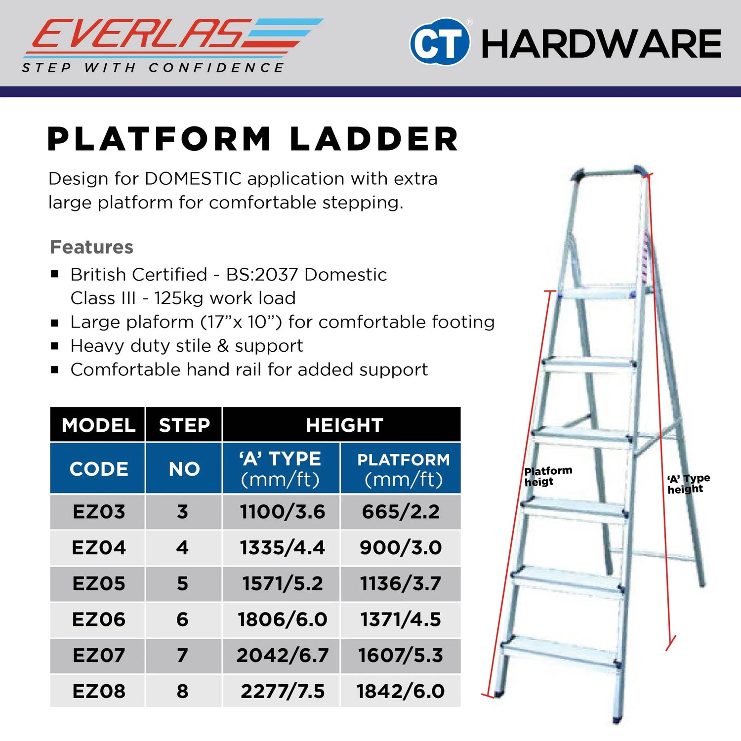 Everlas EZ Series Platform Ladder 3 Steps - 8 Steps | 125kg Max Load | SIRIM