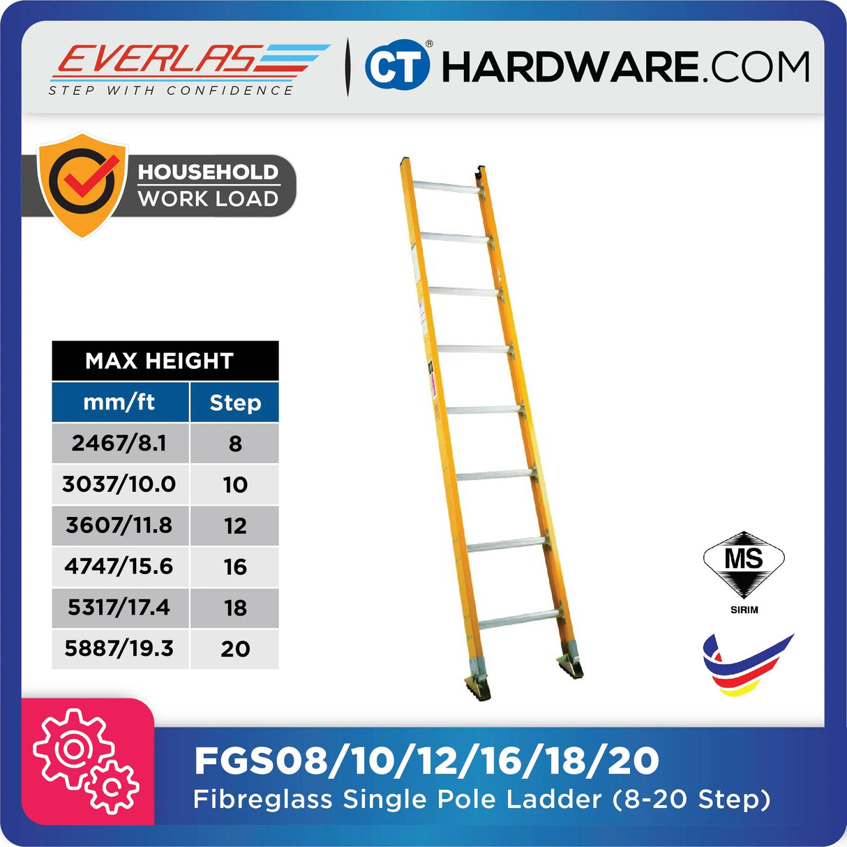 Everlas FGS Series Fibreglass Single Pole Ladder 150kg SIRIM