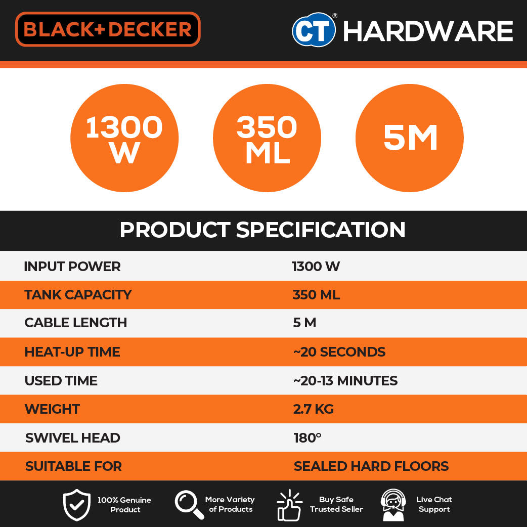 BLACK+DECKER FSM1605 EPP 1300W Steam Mop 350ml – 5m Cable, 180° Swivel Head