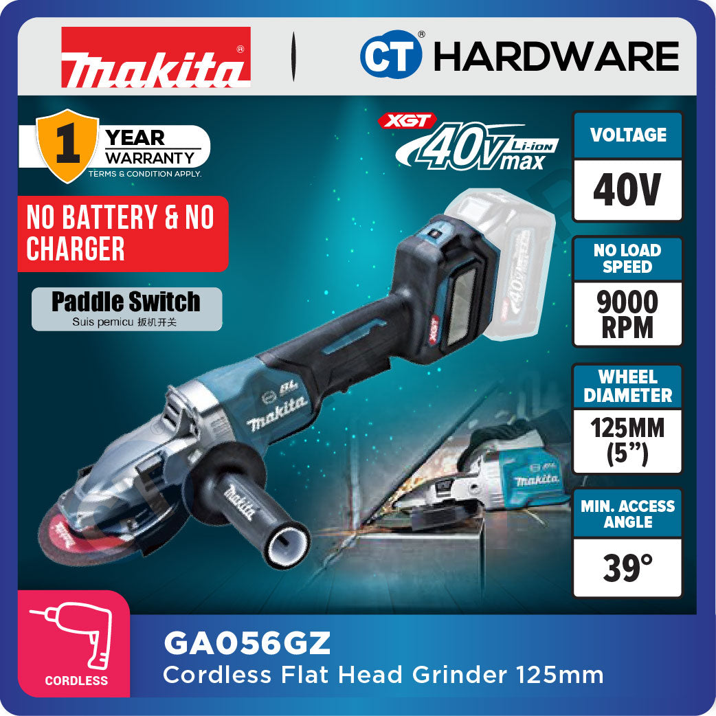 Makita GA056GZ XGT 40Vmax Cordless Flat Head Angle Grinder 5" 125mm (Paddle Switch) (Body Only)