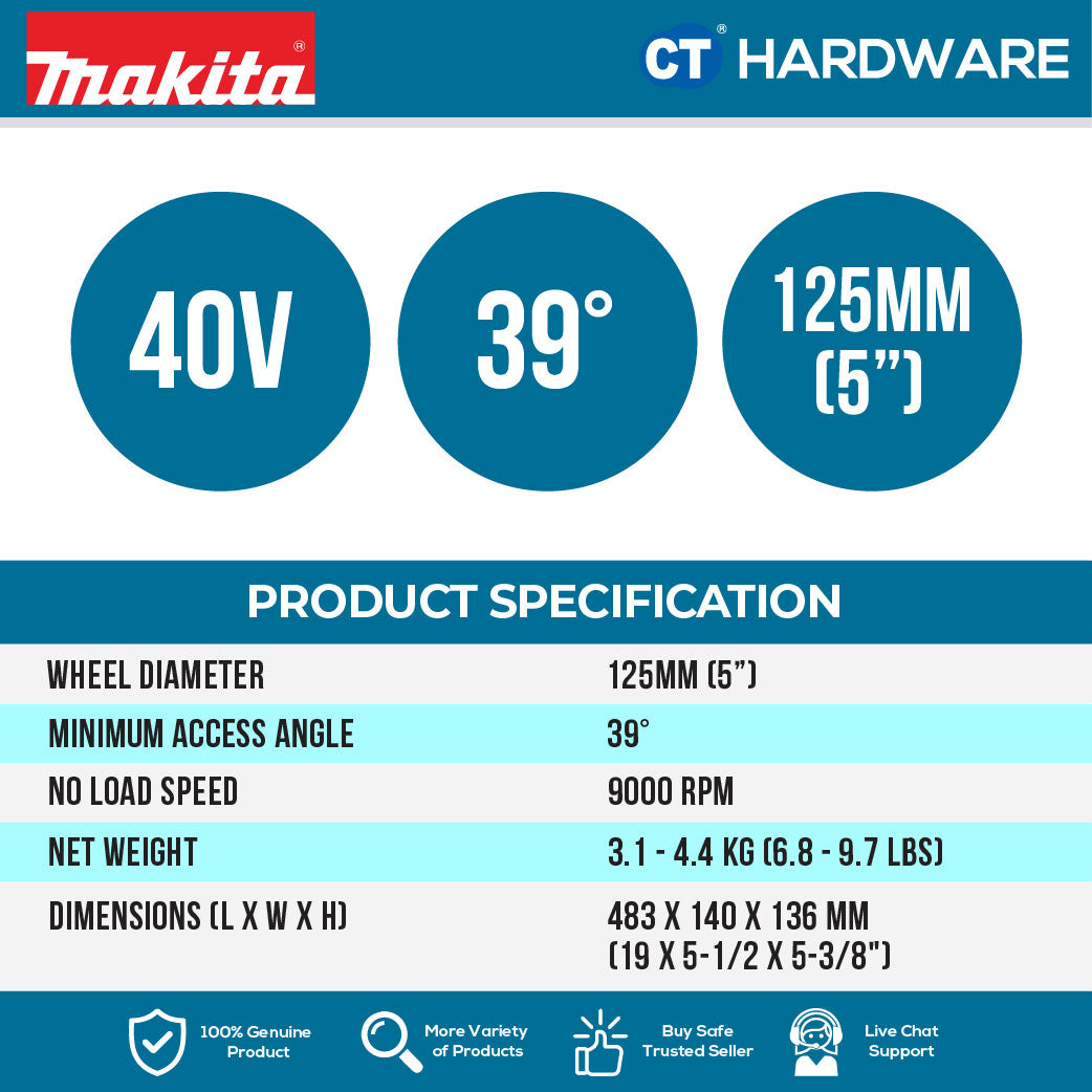 Makita GA056GZ XGT 40Vmax Cordless Flat Head Angle Grinder 5" 125mm (Paddle Switch) (Body Only)