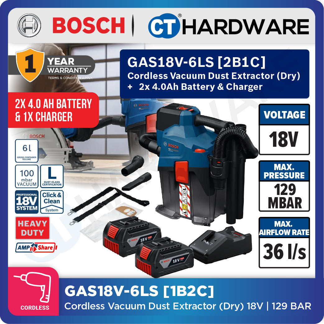 Bosch PRO GAS18V-6LS Cordless Dust Extractor 18V 06019K2180 (Body Only | 1-Battery | 2-Battery)