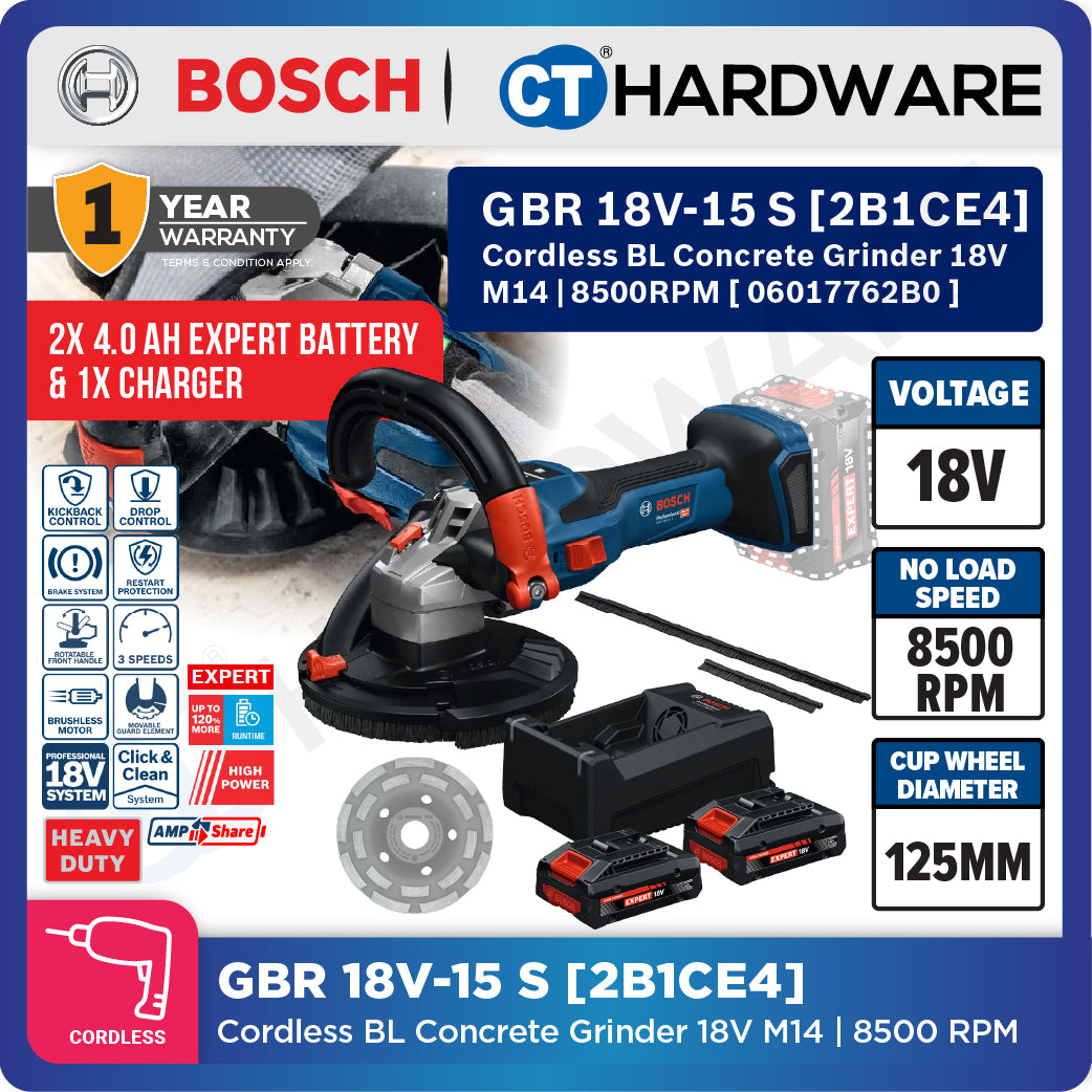 Bosch PRO GBR 18V-15 S Cordless Concrete Grinder 18V 06017762B0 (Body Only | 2-Battery)