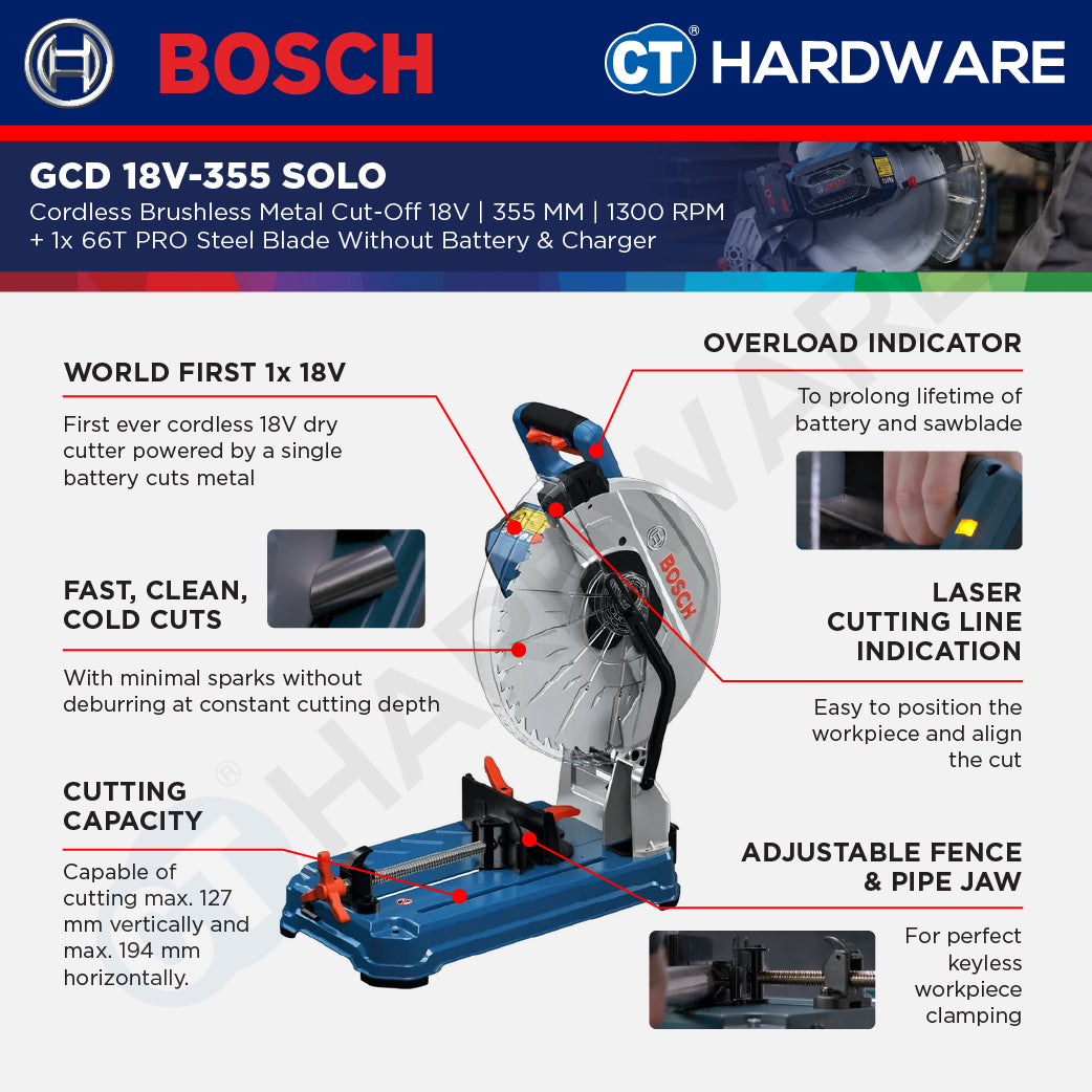 Bosch GCD 18V-355 SOLO Cordless Brushless Metal Cut-Off Saw 18V | 355MM | 0601B59000 + 1x 66T PRO Steel Blade Without Battery & Charger | GCD18V355SOLO