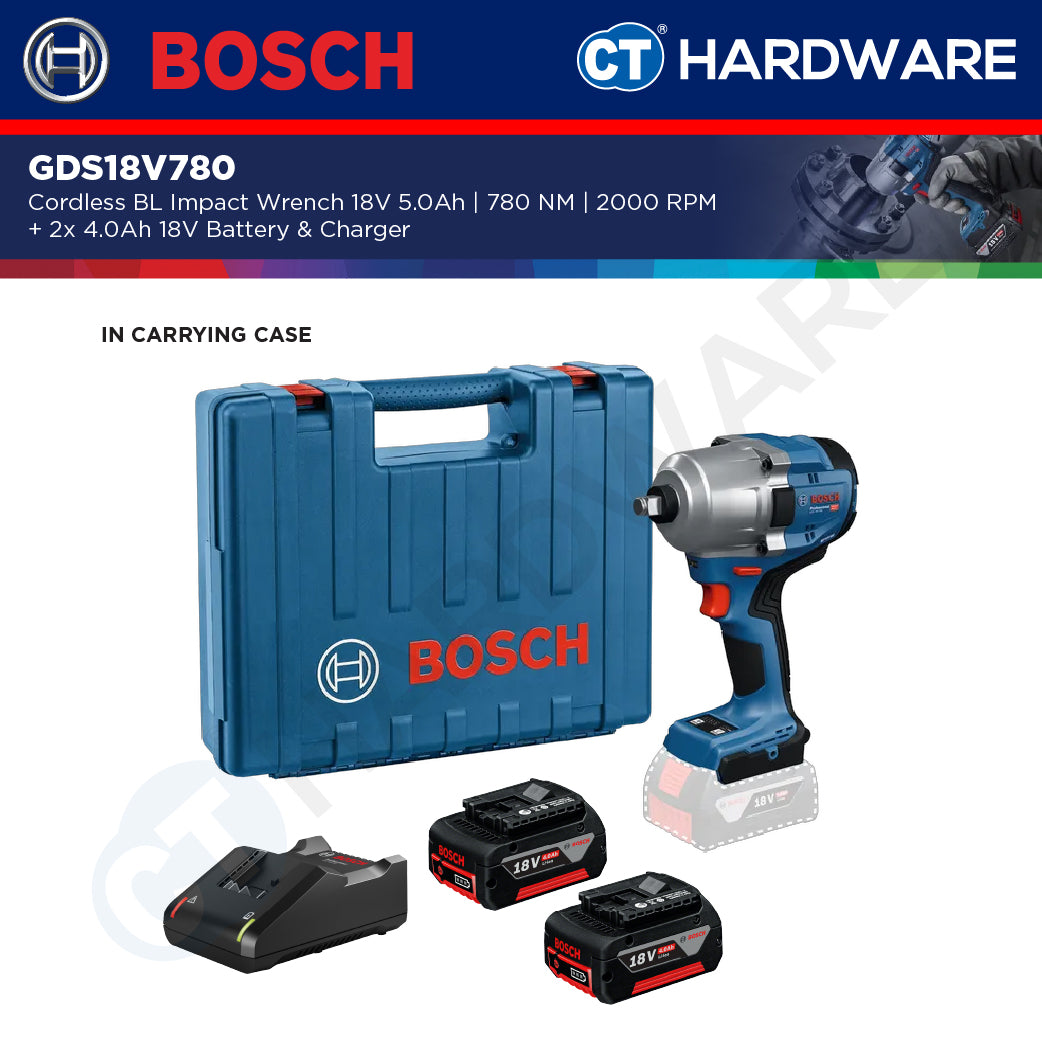 Bosch GDS18V780 Cordless Brushless Impact Wrench 18V 5.0AH | 780NM | 2000RPM Come with 2x 4.0Ah 18V Battery & Charger