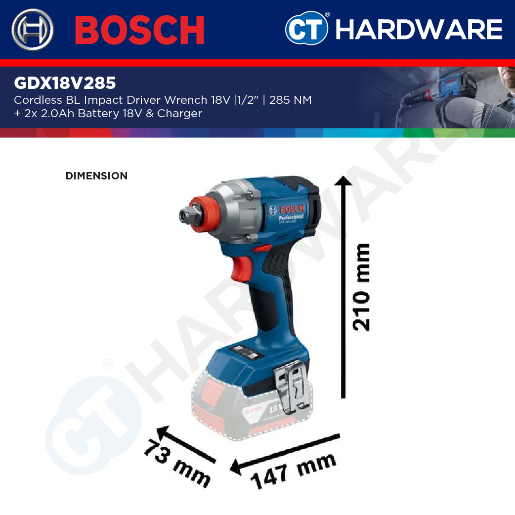Bosch GDX18V285 Cordless Brushless Impact Driver Wrench 18V | 1/2" | 285NM Come with 2x 2.0Ah 18V Battery & Charger