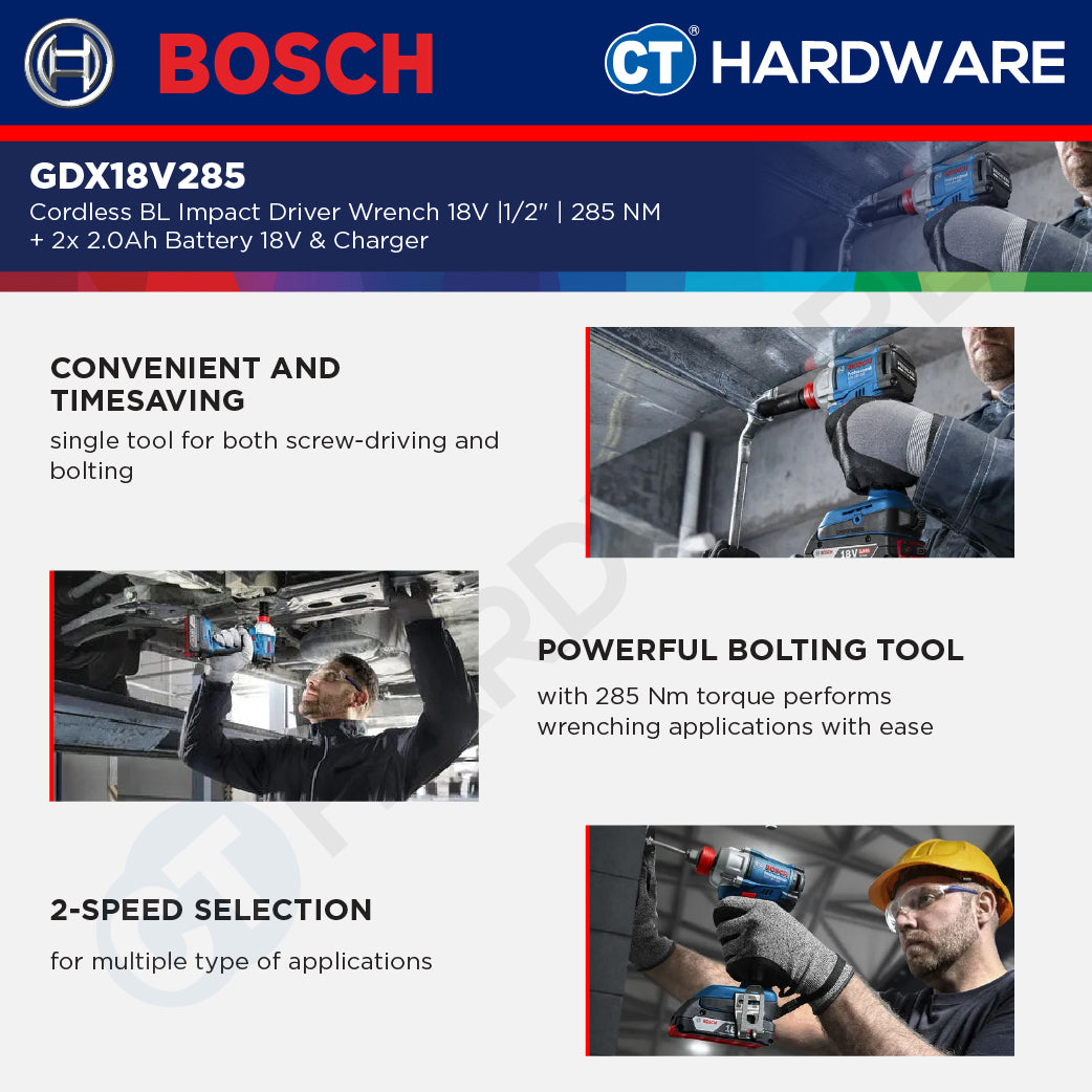 Bosch GDX18V285 Cordless Brushless Impact Driver Wrench 18V | 1/2" | 285NM Come with 2x 2.0Ah 18V Battery & Charger