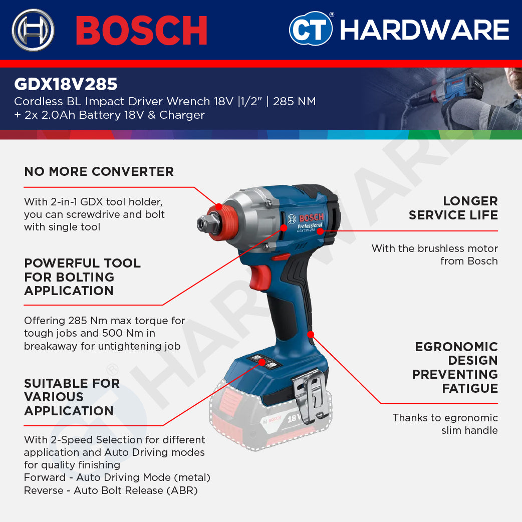 Bosch GDX18V285 Cordless Brushless Impact Driver Wrench 18V | 1/2" | 285NM Come with 2x 2.0Ah 18V Battery & Charger