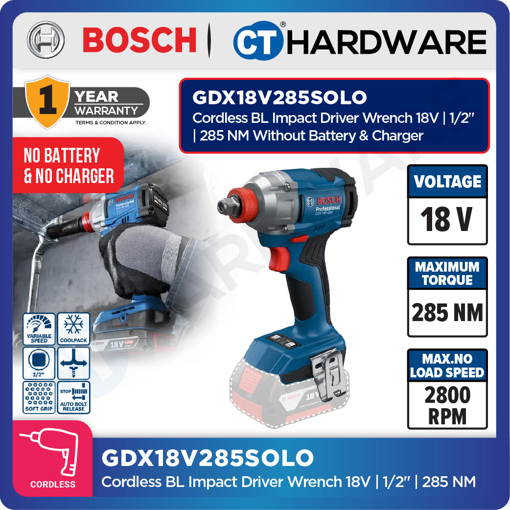 Bosch GDX18V285 Cordless Brushless Impact Driver Wrench 18V | 1/2" | 285NM Come with 2x 2.0Ah 18V Battery & Charger