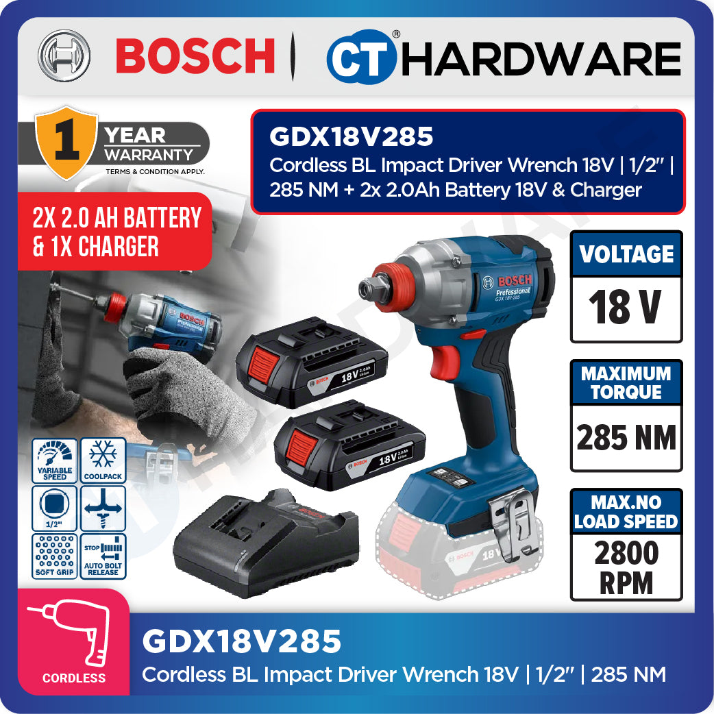 Bosch GDX18V285 Cordless Brushless Impact Driver Wrench 18V | 1/2" | 285NM Come with 2x 2.0Ah 18V Battery & Charger